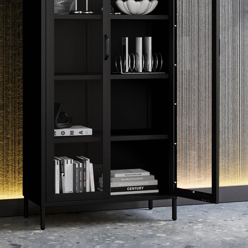 Witryna szklana do salonu metalowa czarna ANGELO Modern 800 x 1850 x 450 mm