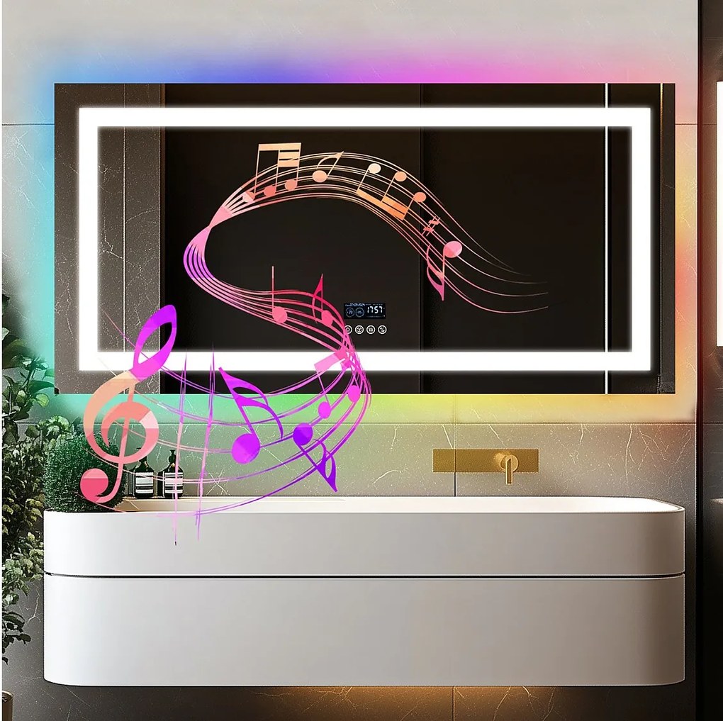 Lustro łazienkowe 140x70cm RGB i LED regulowane + przeciwmgielne + Bluetooth 5.2 + Zegar + 3 kolory 4 przyciski