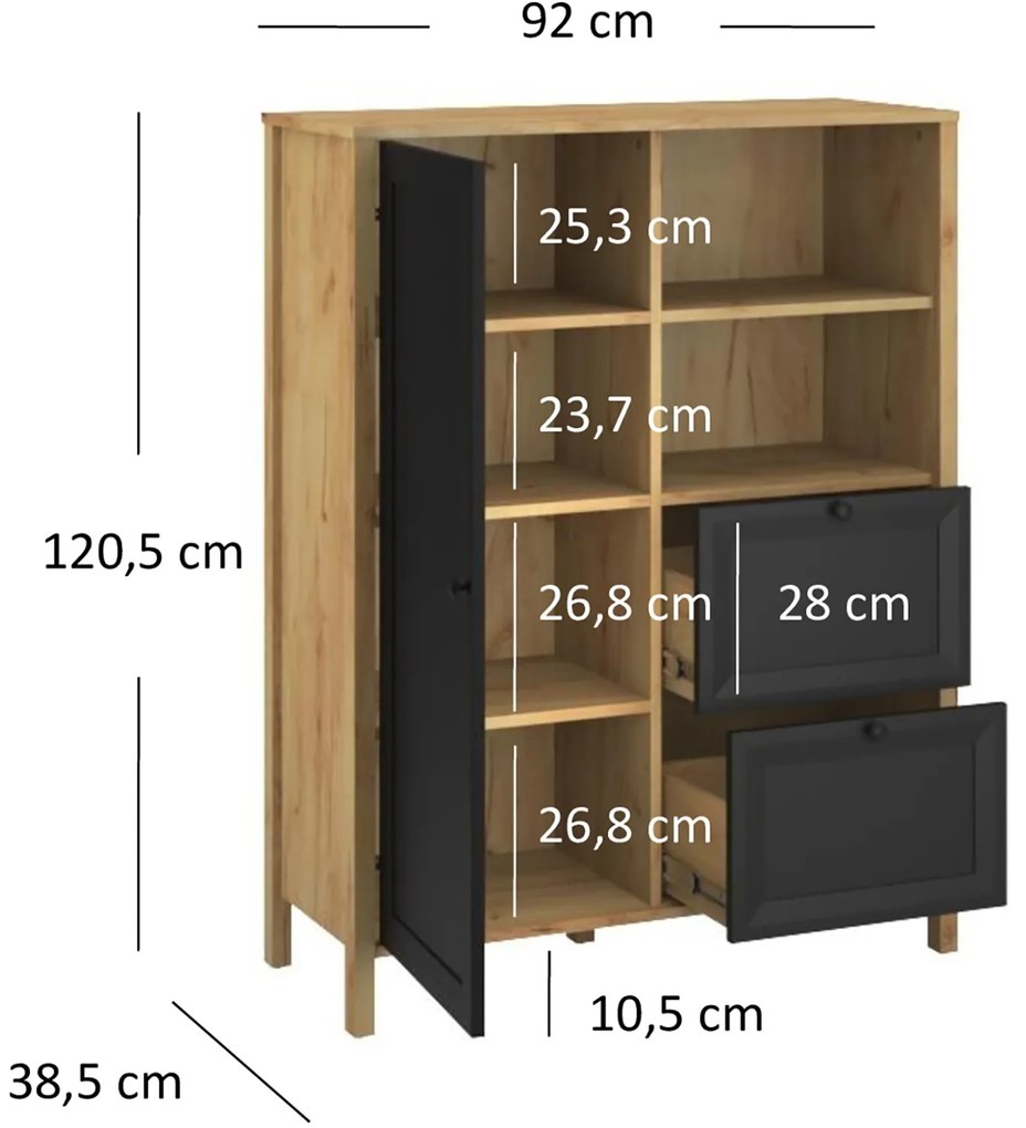 Komoda z Szufladami Drewniana do Salonu NORIA 92 cm Dąb craft złoty/czarny Loft