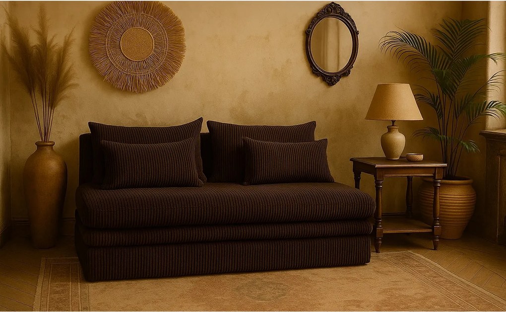 Sofa z funkcją spania i pojemnikiem NELIA, tkanina Poso, Brązowy