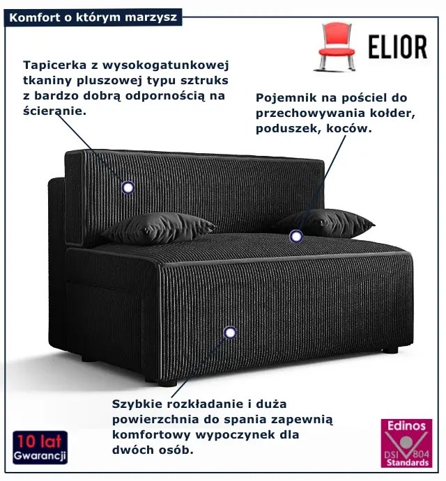 Czarna tapicerowana sofa z funkcją spania E3-B38