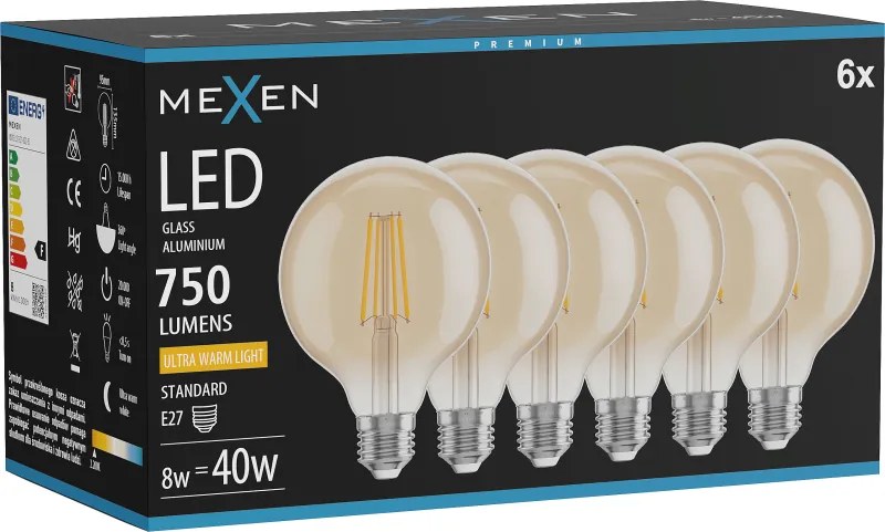 Mexen Vintis 6x żarówka filament LED E27, G95, 8W, Ciepła - 2200K, 750 lm, amber - L157-E27-0822-50x06