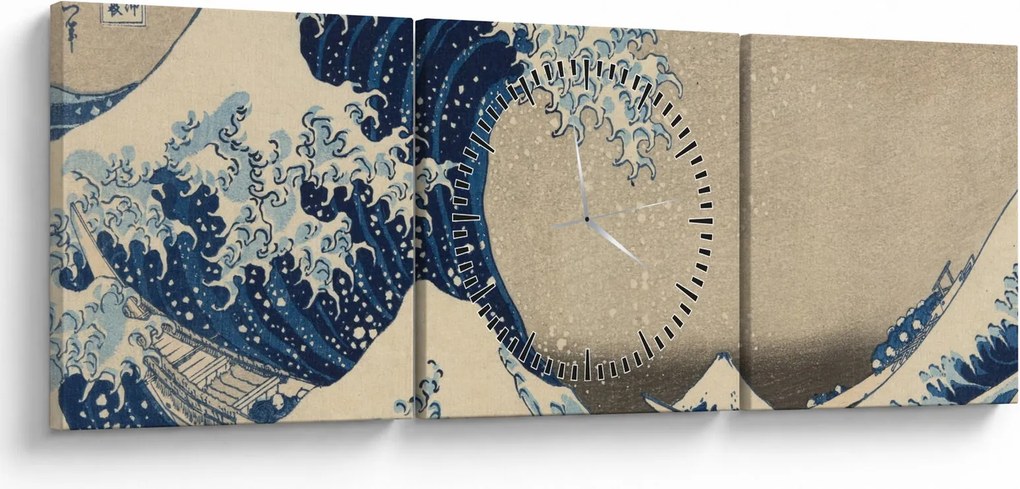 Obraz - Katsushika Hokusai, Under the Wave off Kanagawa, reprodukcje (z zegarem) (90x30 cm)