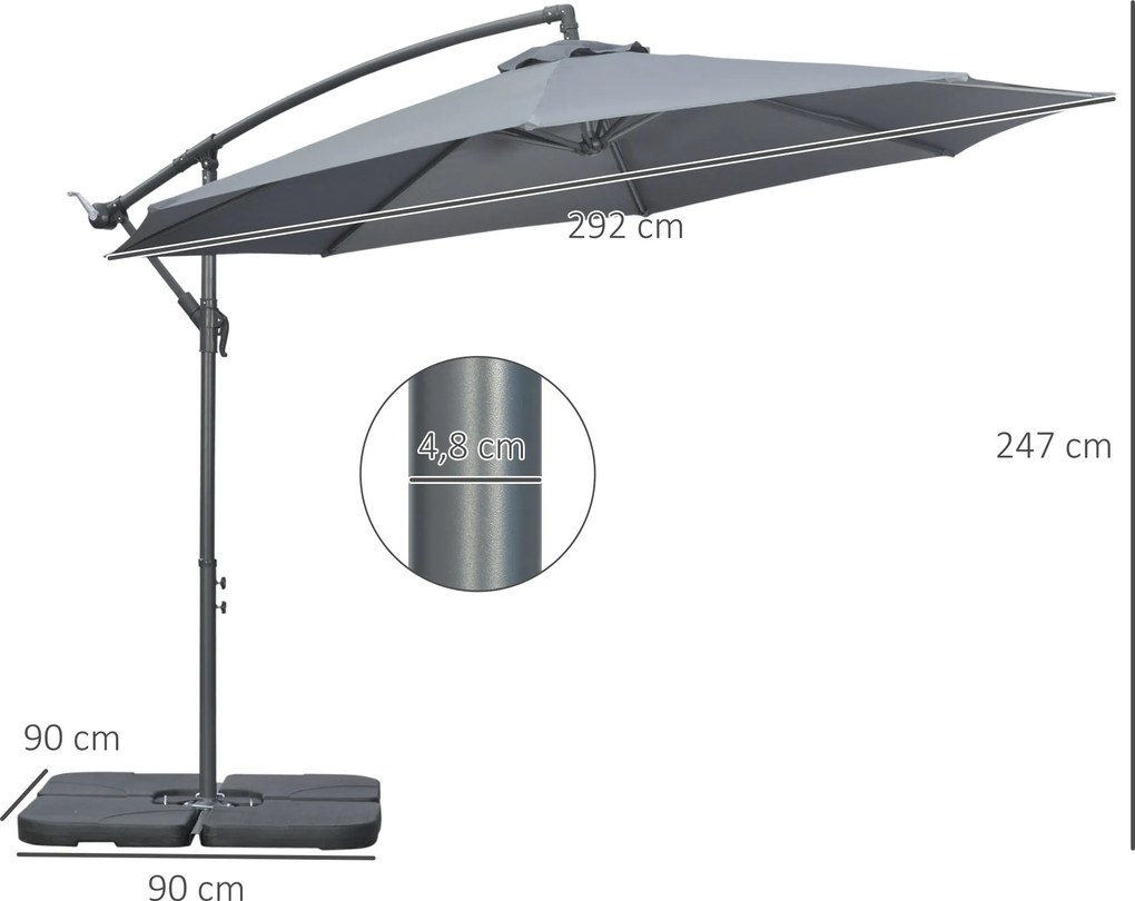 Outsunny Parasol przeciwsłoneczny Parasol ogrodowy, z stojakiem krzyżowym, odporny na warunki atmosferyczne, 292 cm x 292 cm x 247 cm, Szary