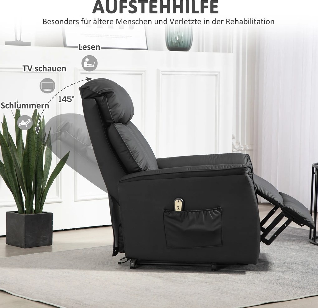 HOMCOM Elektryczny fotel do wstawania, z funkcją leżenia, skóra ekologiczna, 80 x 94 x 104 cm, Czarny | Aosom PL
