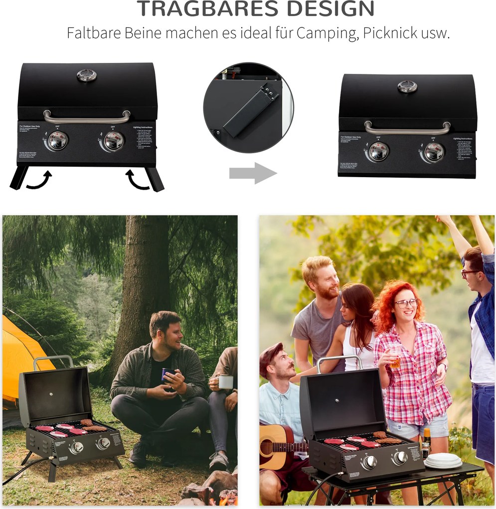 Outsunny mobilny grill gazowy BBQ z 2 palnikami stal węglowa kolor czarny 55 x 46,5 x 41 cm