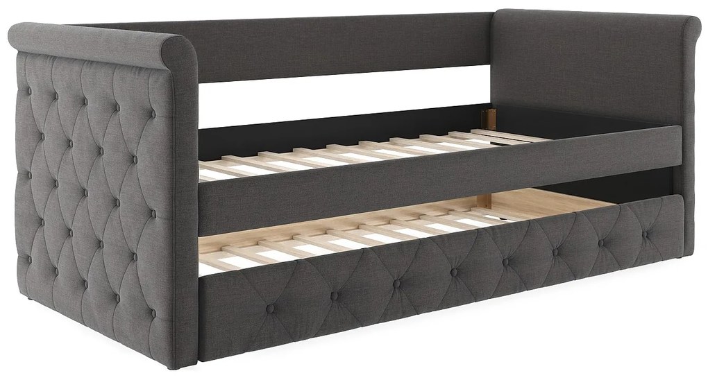 Łóżko wysuwane pikowane LOUISE - 2 × 90 × 190 cm - szara tkanina