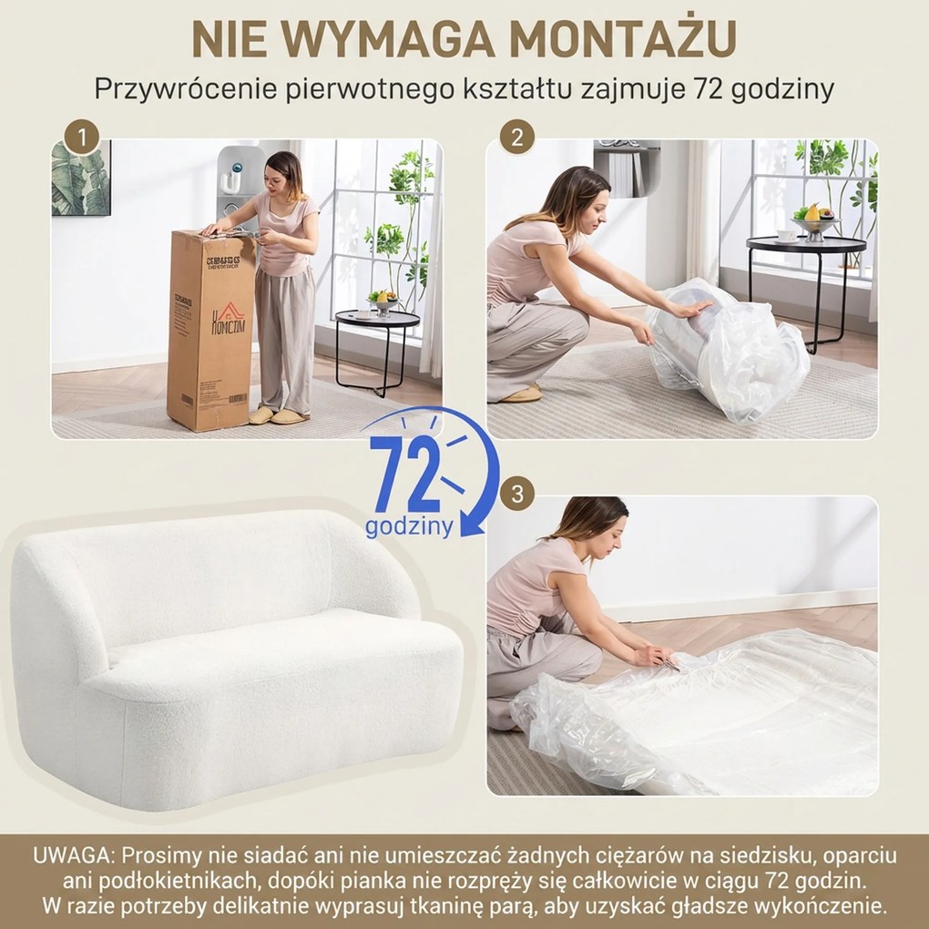 HOMCOM Sofa 2-osobowa, zaokrąglony design, kanapa z pokryciem fleece, do salonu, sypialni, biura, Kremowy