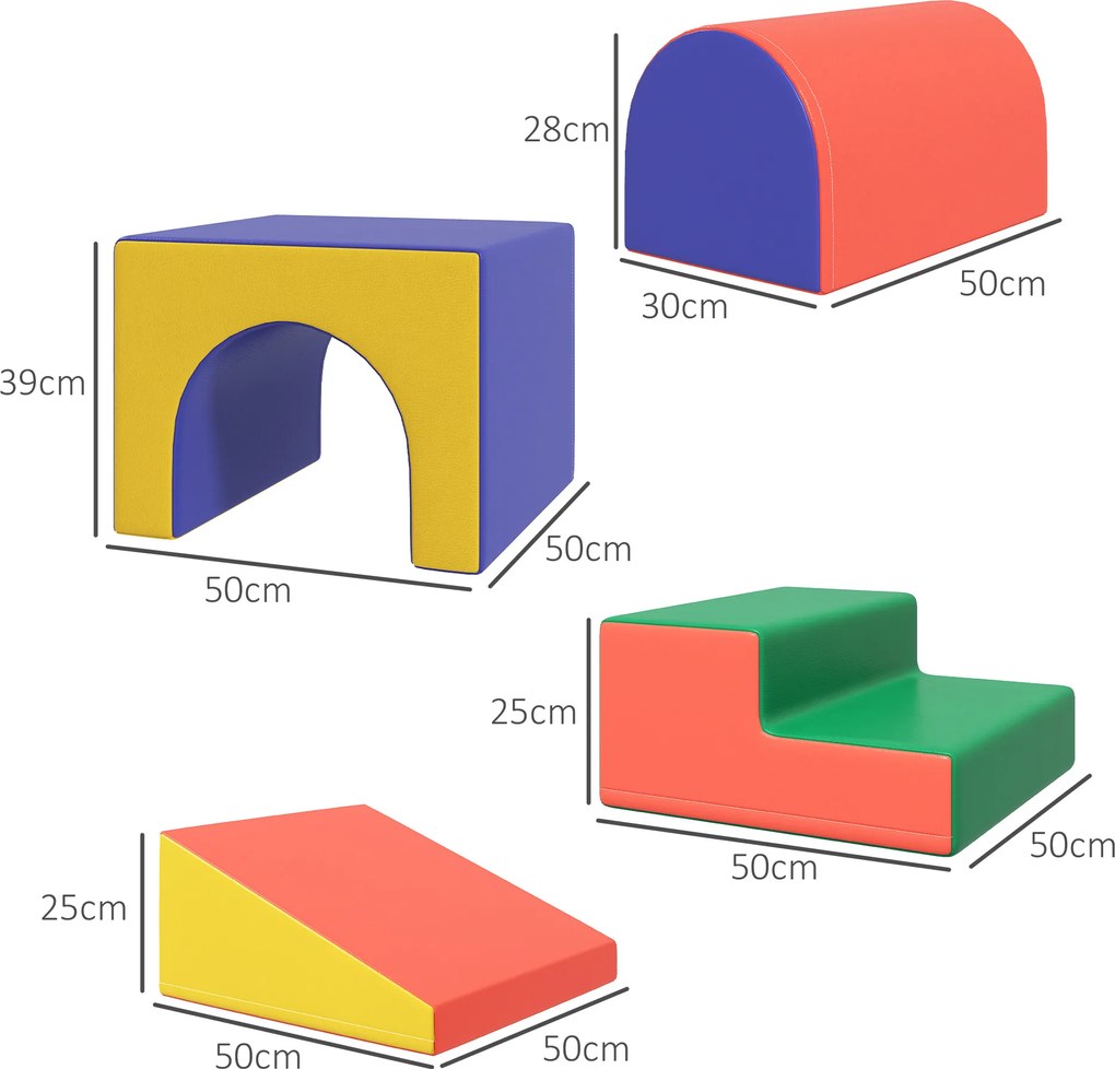 HOMCOM Zestaw 4 miękkich klocków do wspinaczki i zjeżdżania, pokrytych ekoskórą, dla dzieci w wieku 1-3 lat, Wielokolorowy