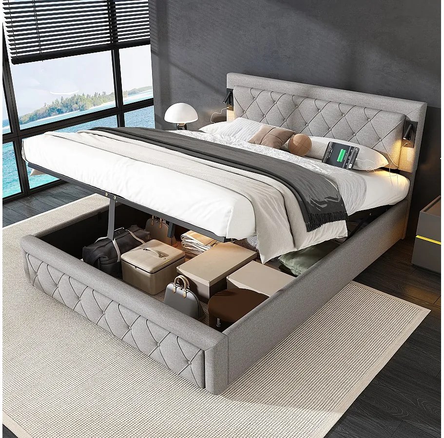 Łóżko 160x200 cm z pojemnikiem - Łóżko podwójne z lampką do czytania i ładowaniem USB - drewniany stelaż z listew - Szary len