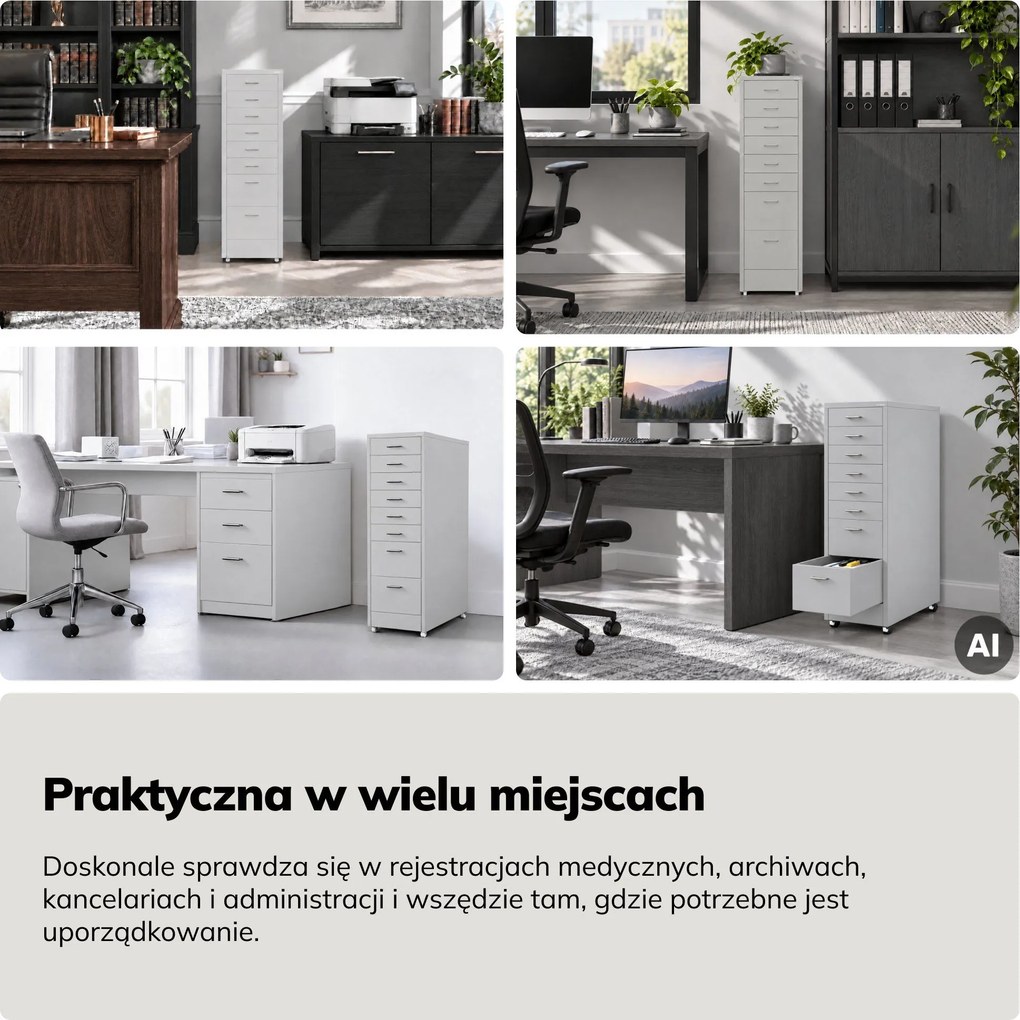Szafka kartotekowa na kółkach, metalowa, 8 szuflad, na dokumenty, szara, 300x1100x600 mm: SARA V8