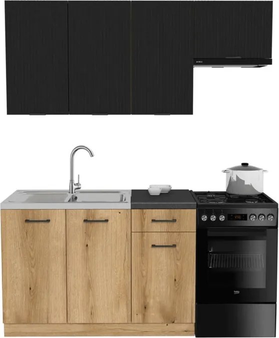 Zestaw Mebli Kuchennych MODERN 170 cm Czarny/Dąb Evoke Ryflowany Loftowy