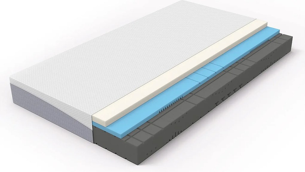 Materac piankowy 160x200 cm, średni komfort H3/H4, wysokość 20 cm, certyfikat Oeko-TEX, dwustronny, zdejmowany pokrowiec, szaro-biały.