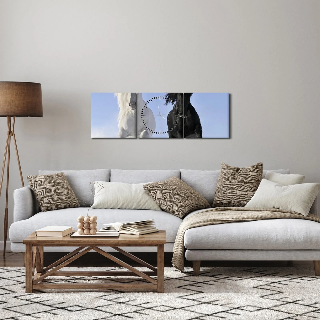 Obraz - Konie zimą (z zegarem) (90x30 cm)