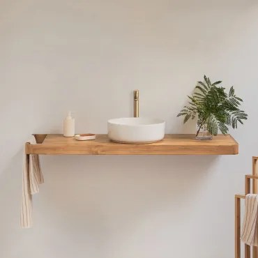 Zestaw Mebli Łazienkowych 130x45 Cm Wiszący Z Drewna Tekowego Neill Drewno Tekowe & Okrągły Ceramiczny Biały Ø40 Cm Lenka & Bezlusterkowiec & Złoty Sz