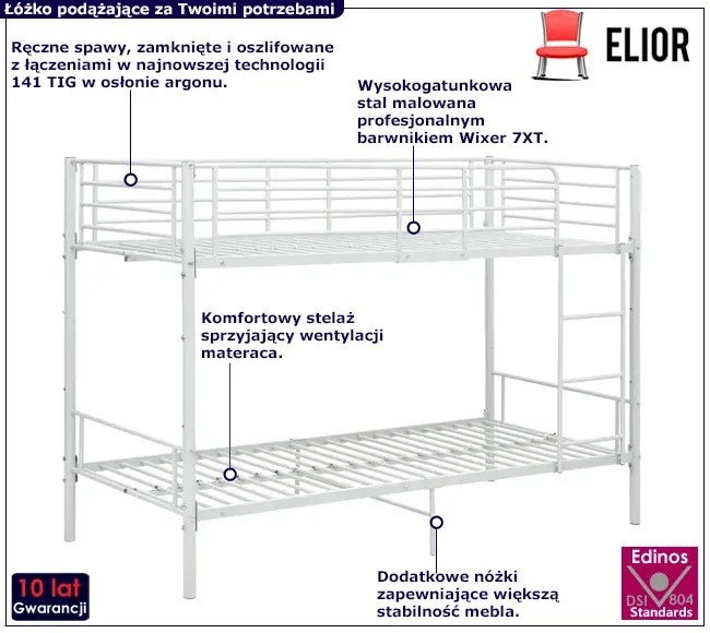 Białe metalowe łóżko piętrowe 90x200 cm - Evex