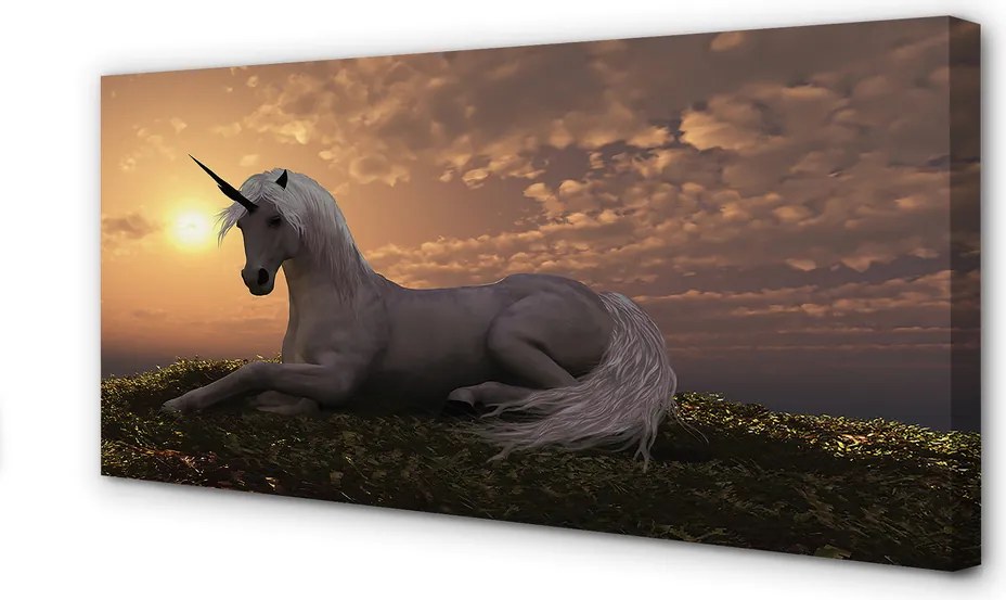 Obraz drukowany na płótnie Jednorożec w Górach o Zachodzie
