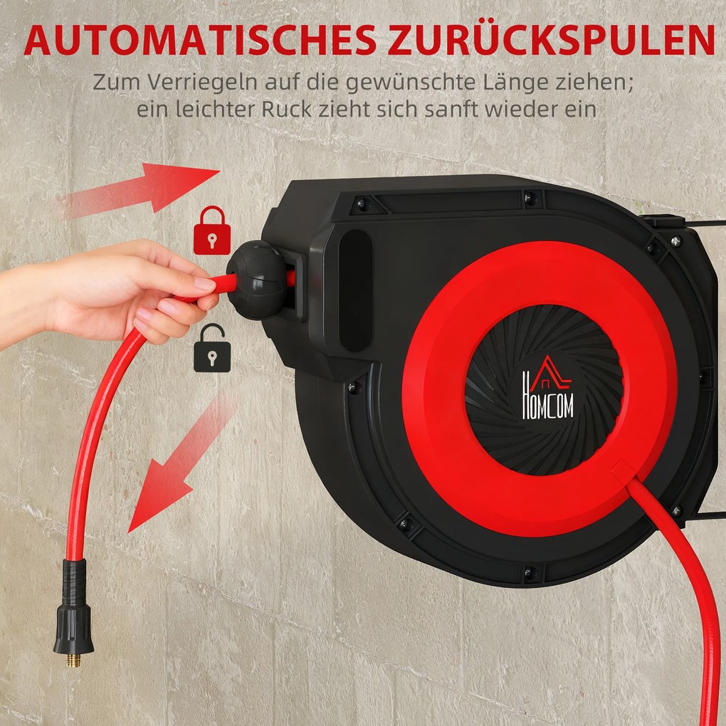 HOMCOM Bęben na wąż z mechanizmem zwijania, 16,5 m długi wąż, montaż ścienny, Czerwony+Czarny