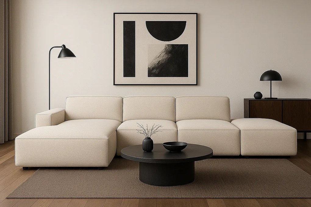 Narożnik modułowy Cursal C lewy z pufą – sofa narożna 341 x 166 x 70 cm, kremowy Raven 24, nowoczesny design