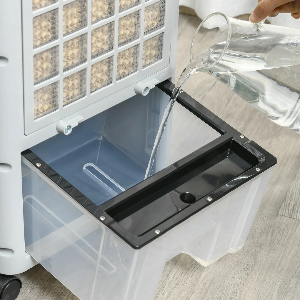 HOMCOM Klimatyzator z chłodzeniem wodnym z pilotem 3 tryby, 3 prędkości, 12-godzinny timer, wyświetlacz LED, 38x35x81 cm Biały | Aosom PL