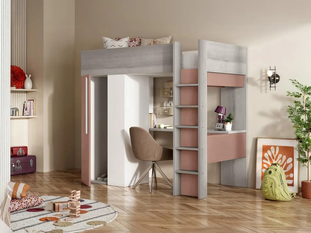 Łóżko z antresolą – 90 × 200 cm – z szafą i biurkiem – Różowy i biały - NICOLAS