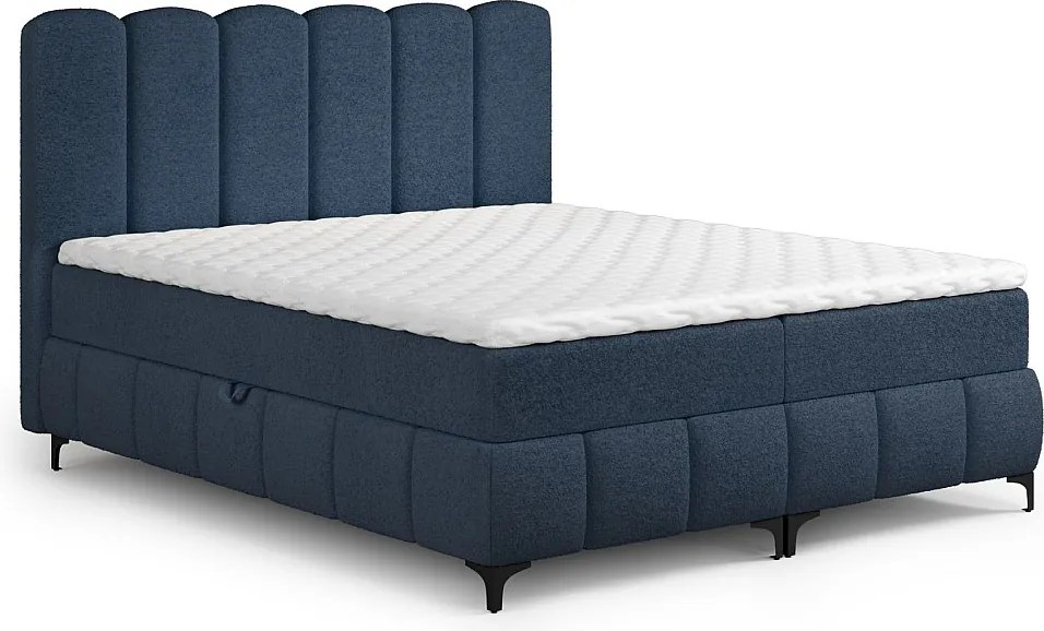 FURNISTAR Łóżko kontynentalne TINA 140x200 z materacem i pojemnikiem na pościel-dwuosobowe,rodzinne z topperem,Bubble,tapicerowane-Niebieski