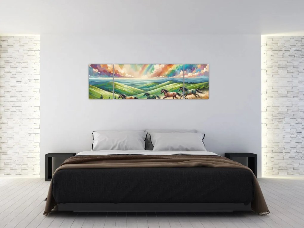 Obraz – Konie galopujące przez krajobraz (170x50 cm)