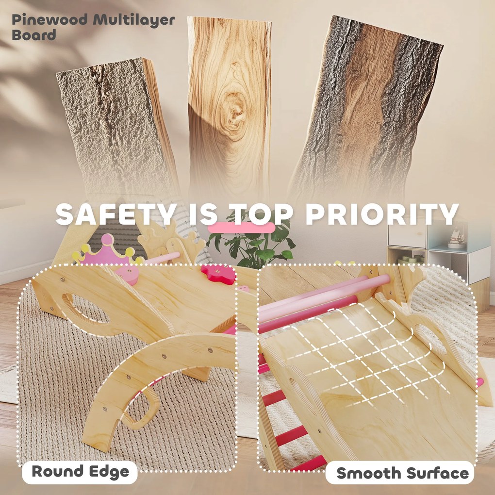 AIYAPLAY 8-in-1 konstrukcja wspinaczkowa do wnętrz dla dzieci, motyw księżniczki, zjeżdżalnia, rampa, łuk, drewno