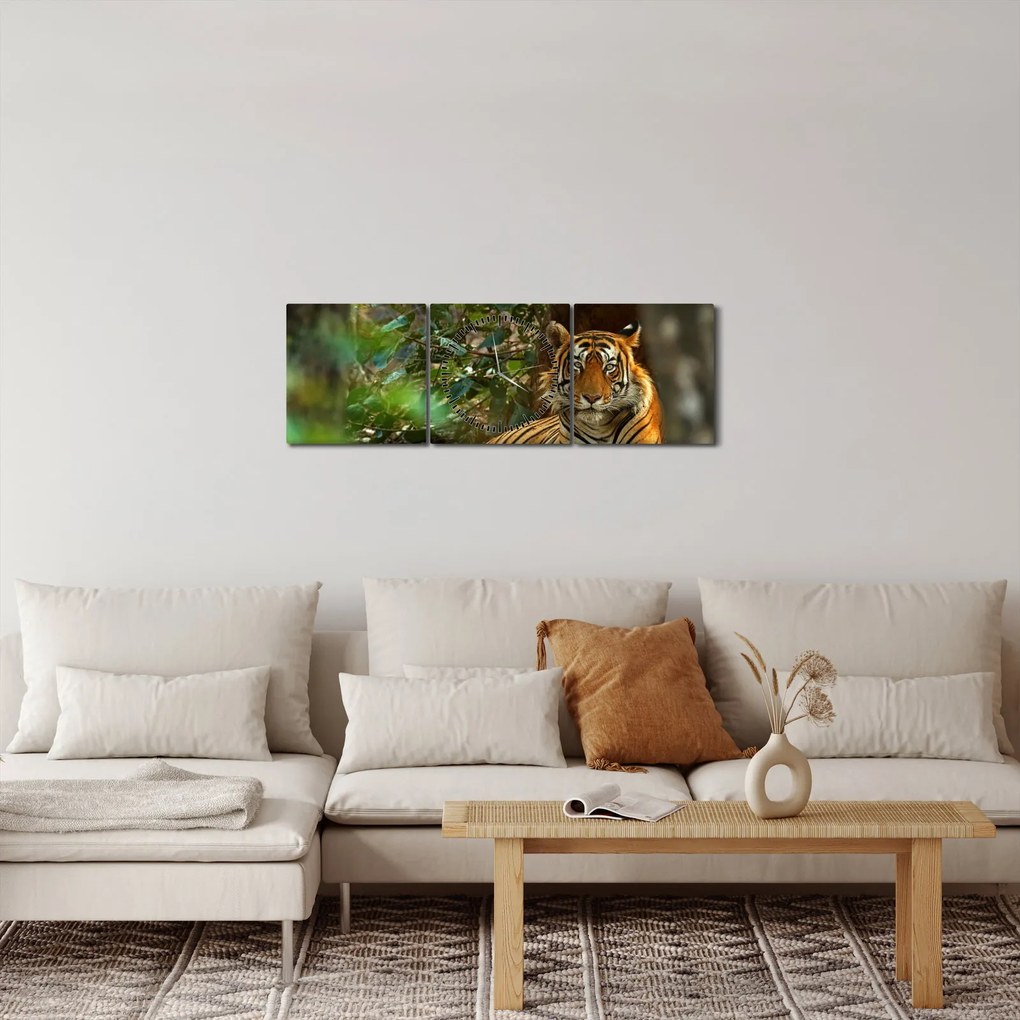 Obraz odpoczywającego tygrysa (z zegarem) (90x30 cm)