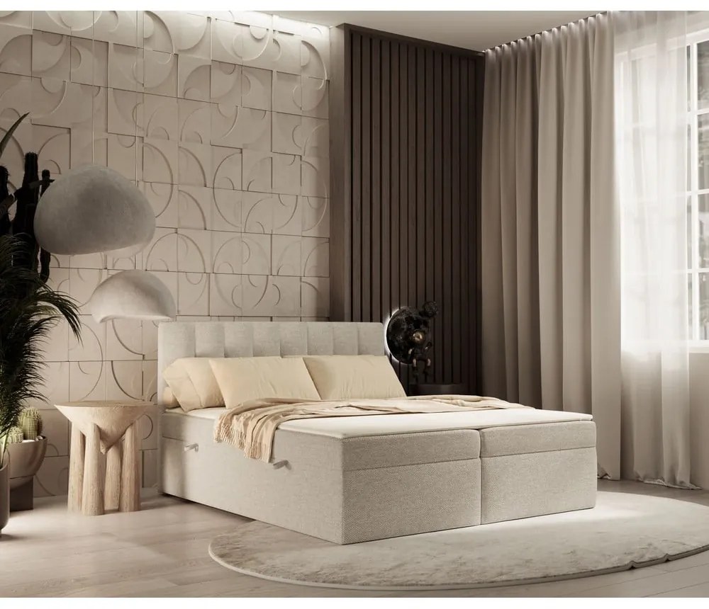 Beżowe łóżko boxspring ze schowkiem 180x200 cm Novento – Maison de Rêve