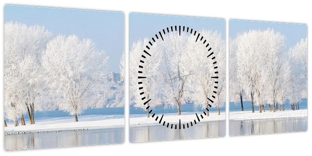 Obraz zimowego krajobrazu (z zegarem) (90x30 cm)