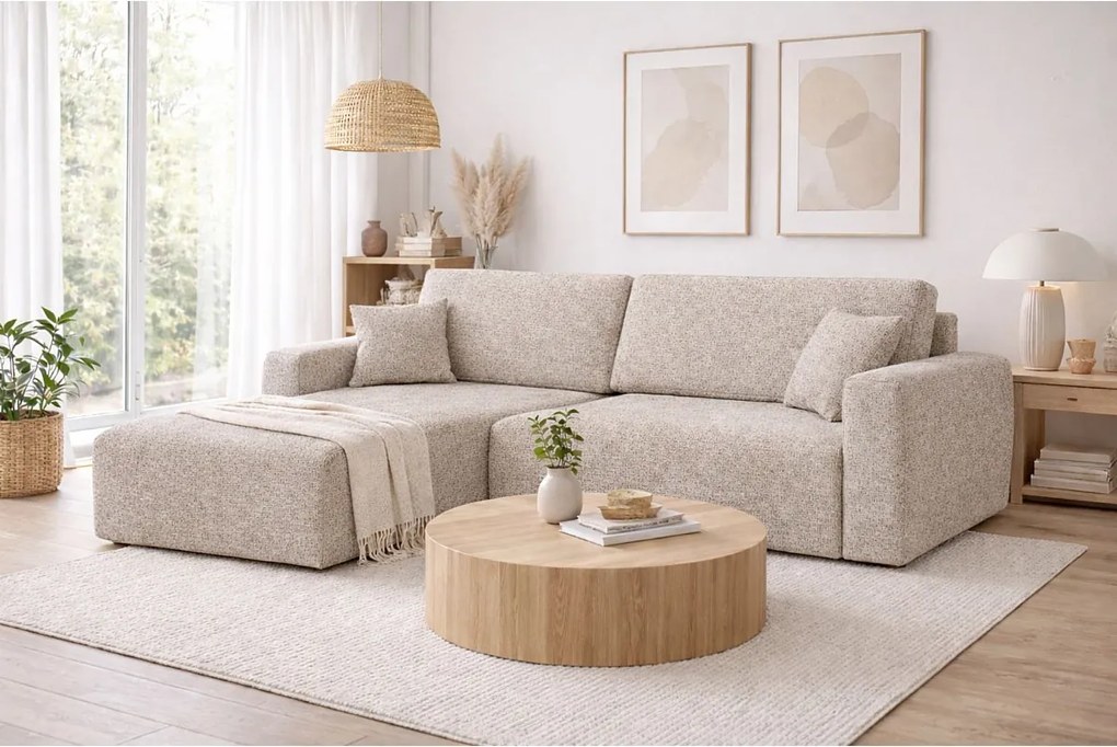 Narożnik z funkcją spania i pojemnikiem Ariel L, tkanina szenilowa Artico, Beżowy, Lewy