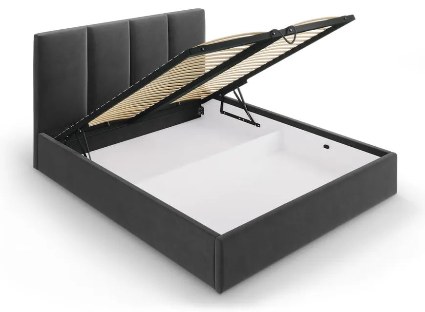 Ciemnoszare tapicerowane łóżko dwuosobowe ze schowkiem ze stelażem 140x200 cm Juniper – Mazzini Beds