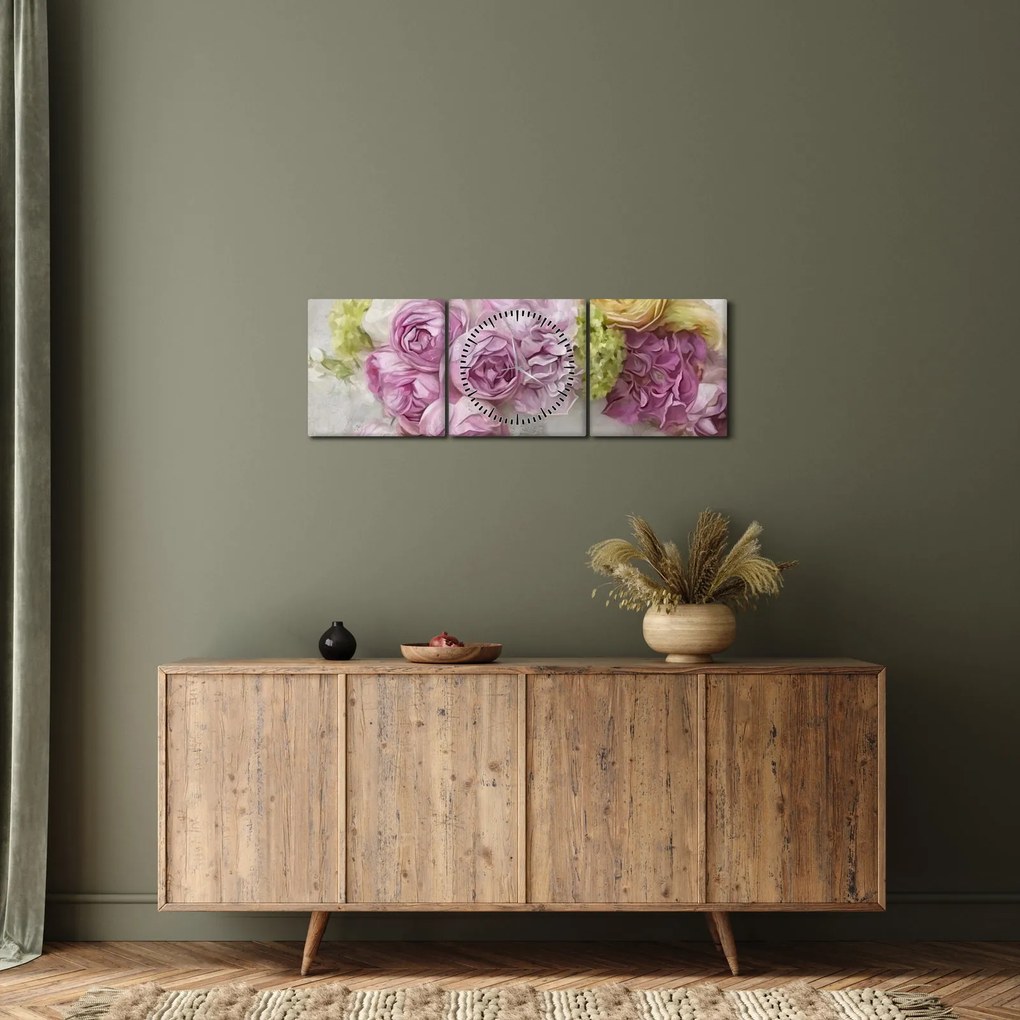 Obraz - Kwiaty na ścianie w pastelowych kolorach (z zegarem) (90x30 cm)