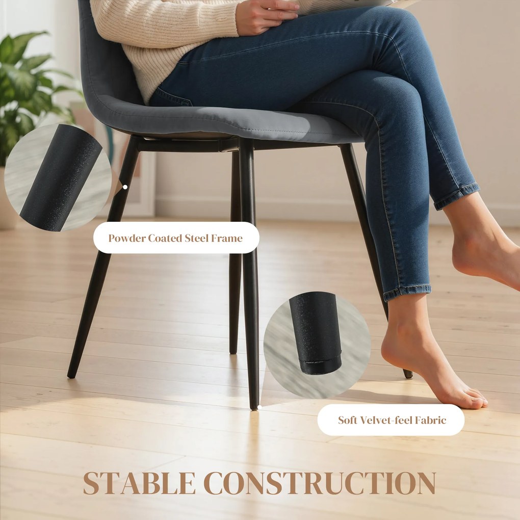 HOMCOM Krzesła jadalniane, zestaw 4 sztuk z oparciem, aksamitny styl, wyściełane krzesła z metalowymi nogami do stołu jadalnianego, szare
