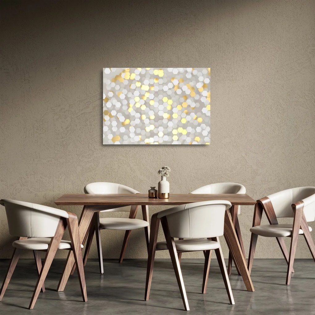 Obraz na szkle - Złoto - białe sześciokąty (70x50 cm)