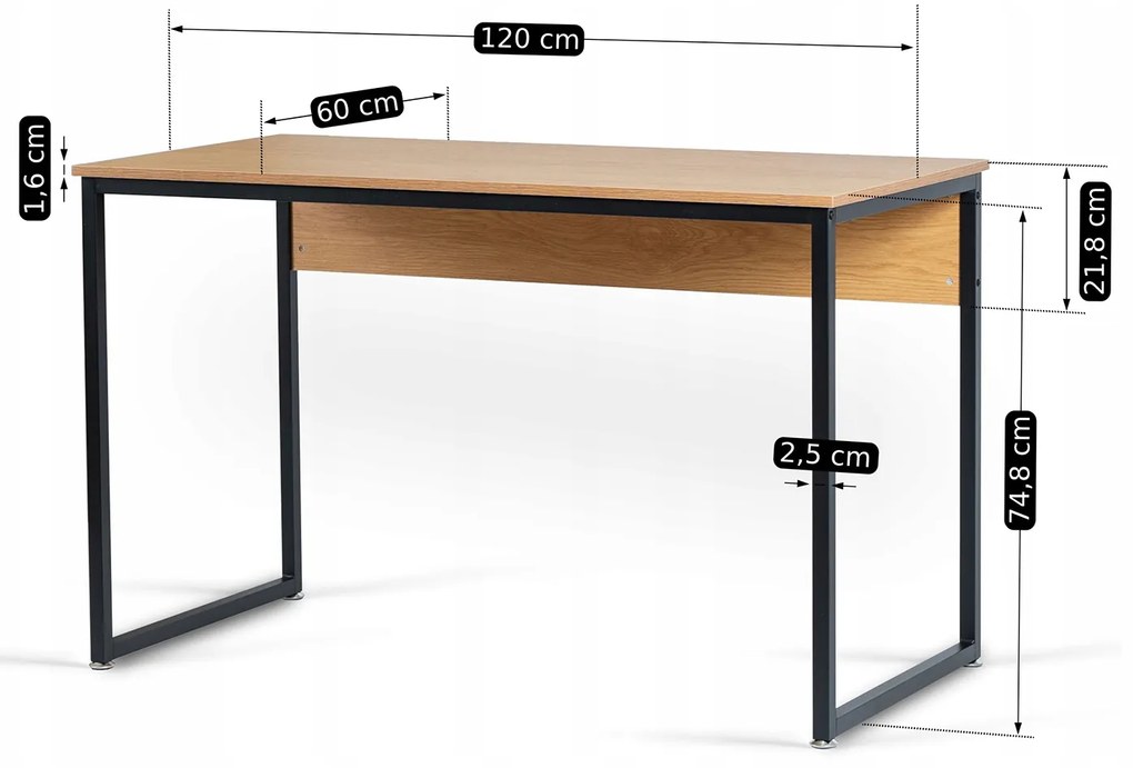 Biurko Loft do Gabinetu ROSS 120x60 cm Dąb Złoty/Czarny Nowoczesne