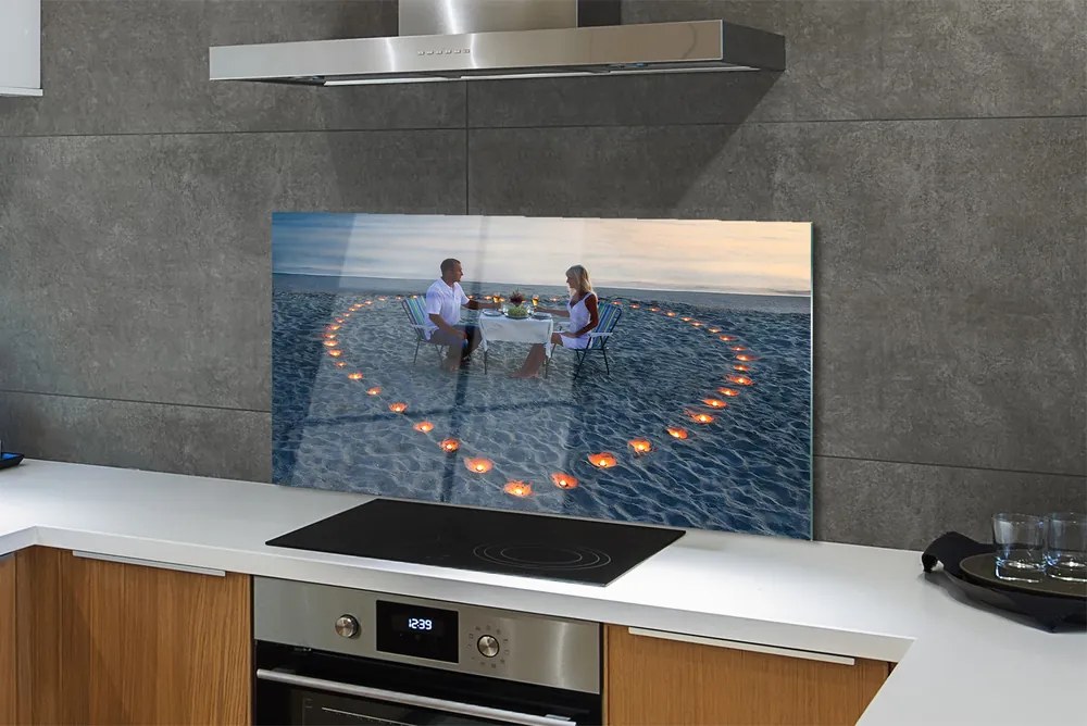 Panel szklany do Kuchni Serce ze Świeczek nad Brzegiem Morza