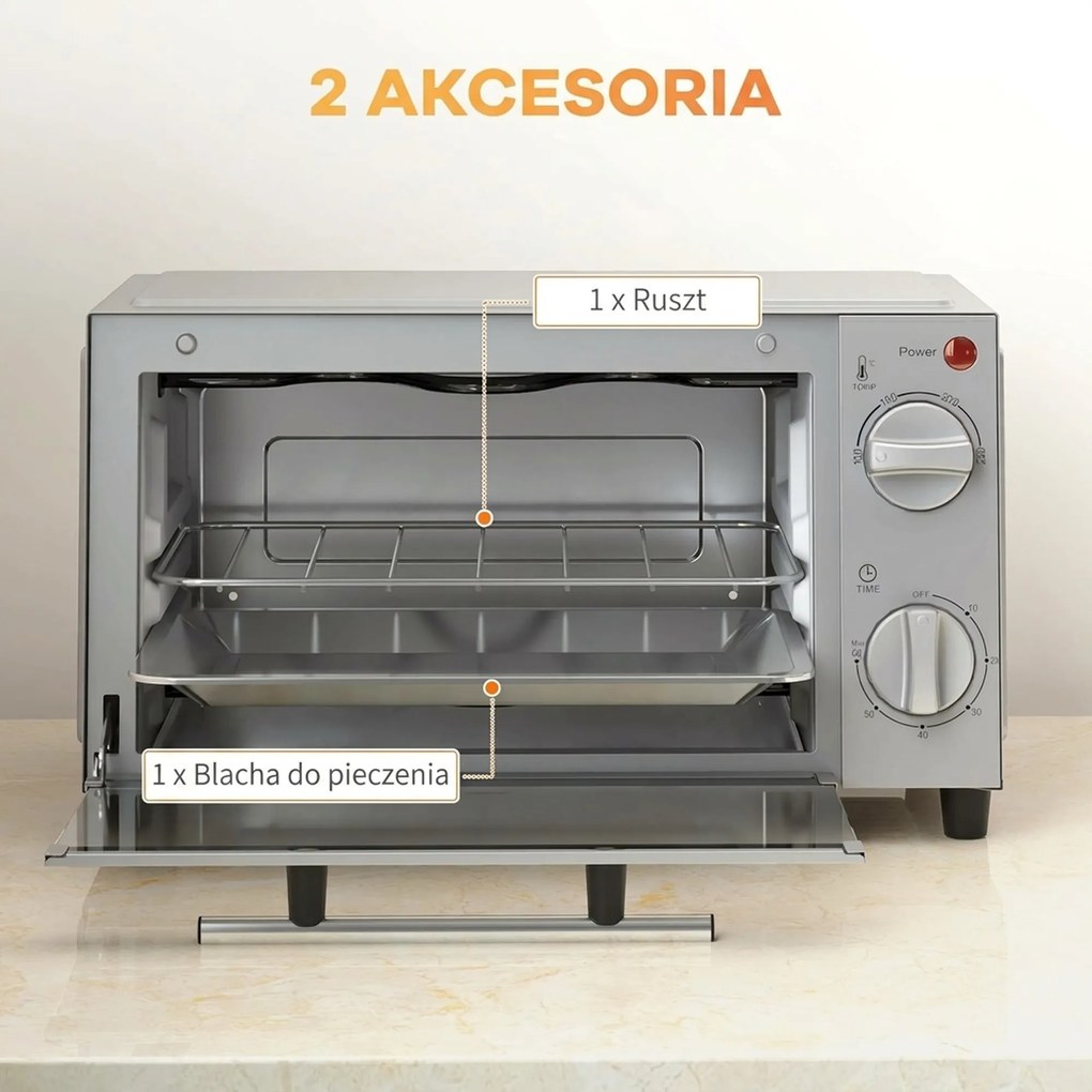 HOMCOM Minipiekarnik 9L, Mini piekarnik z blachą, rusztem, regulowaną temperaturą i czasem pieczenia, stal nierdzewna, srebrny