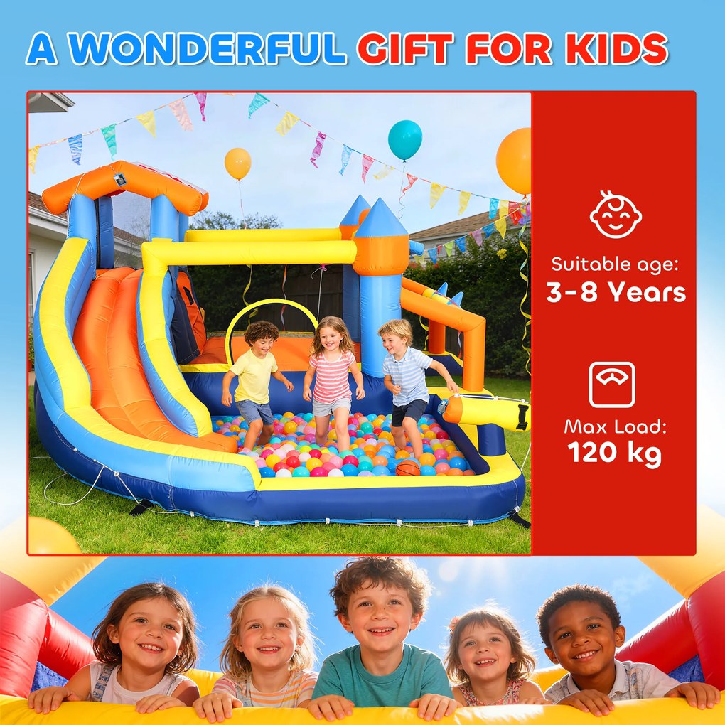 AIYAPLAY Dmuchany zamek 8-w-1 z dmuchawą, zjeżdżalnią, brodzikiem, trampoliną i ścianką wspinaczkową do użytku wewnątrz i na zewnątrz, 350x325x210 cm, wielokolorowy | Aosom PL