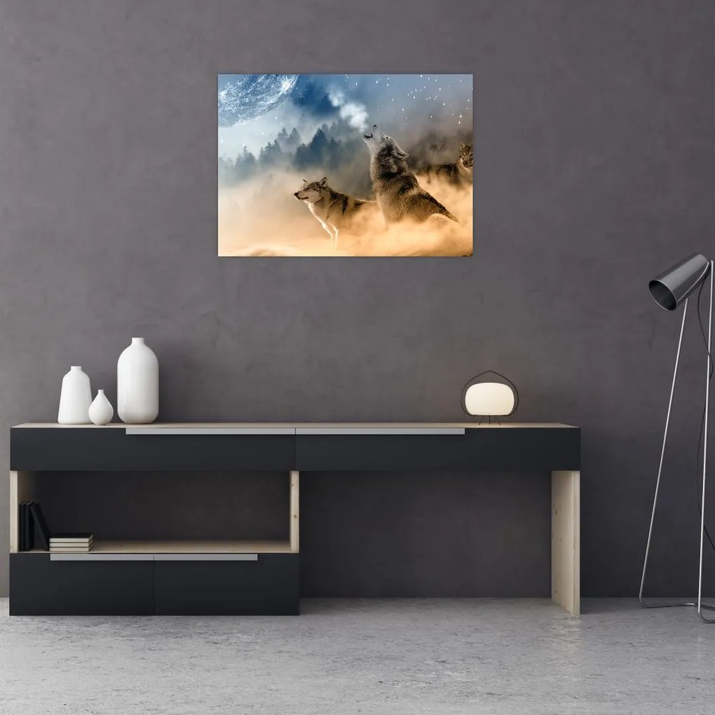 Obraz na szkle - wilki wyjące do księżyca (70x50 cm)
