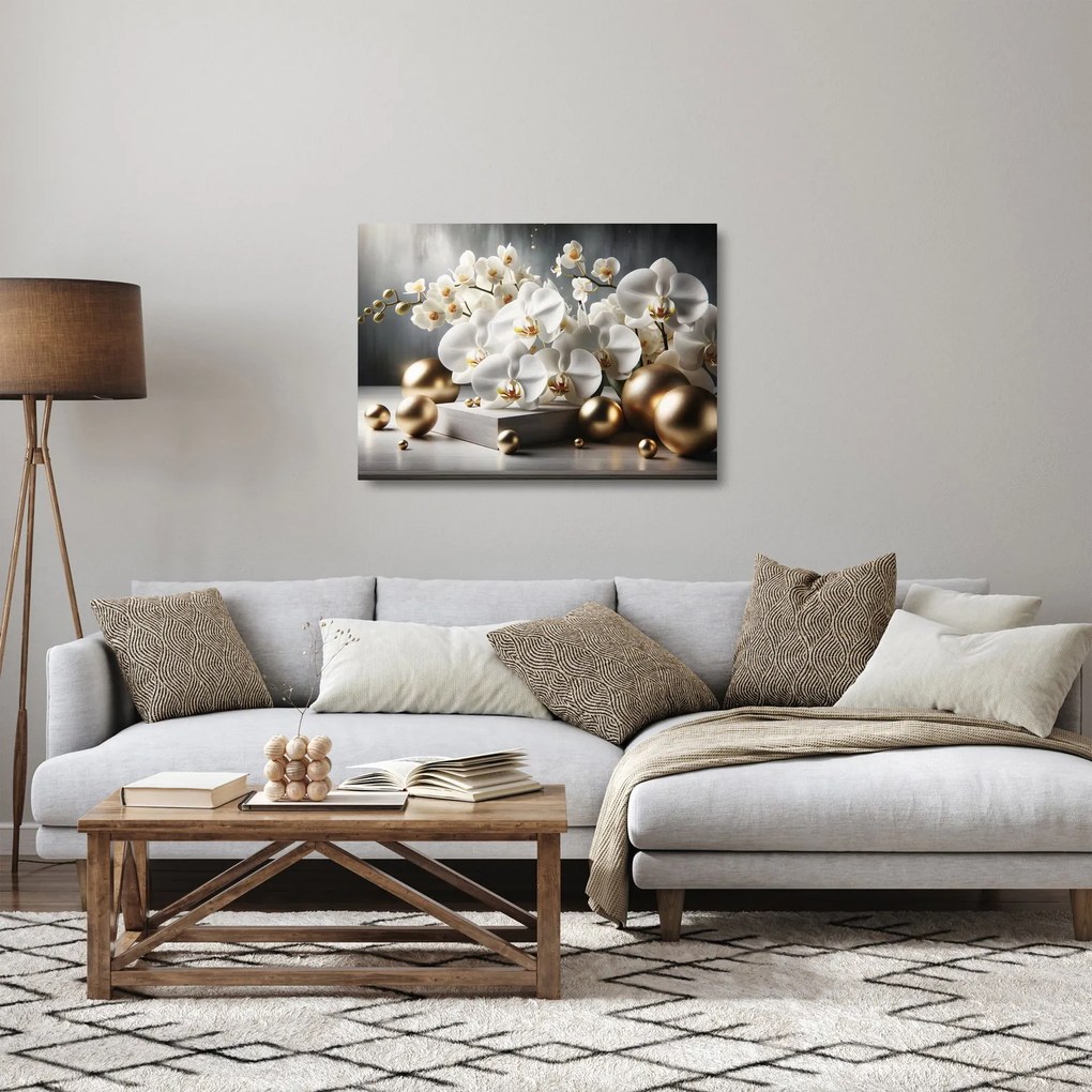 Obraz na szkle - Orchidea i złote kule (70x50 cm)