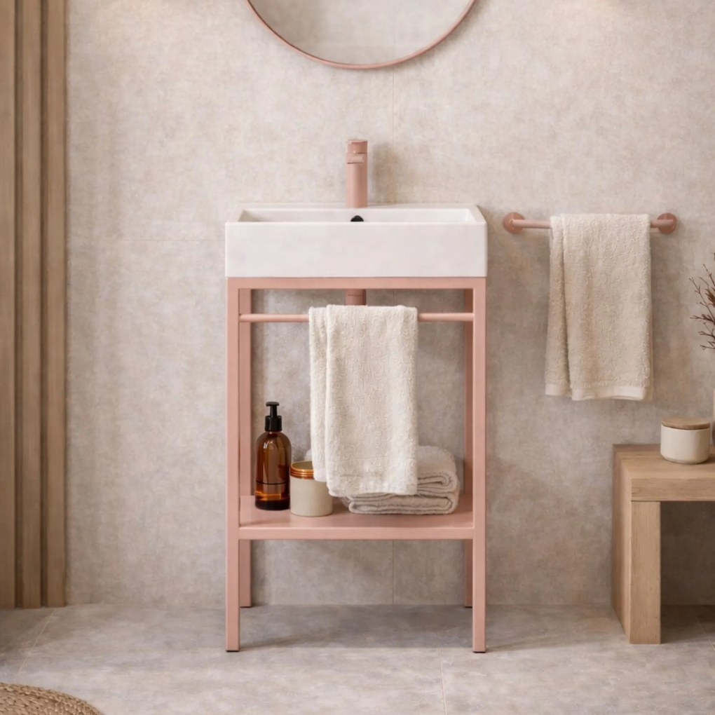 Zestaw umywalka z konglomeratu NAVI 100 x 45 cm + stojąca konsola NAVI Step | Różne kolory | Różne rozmiary : Kolor - Różowy, Otwory na baterię - Bez otworów, Rozmiar - 50 x 45 cm