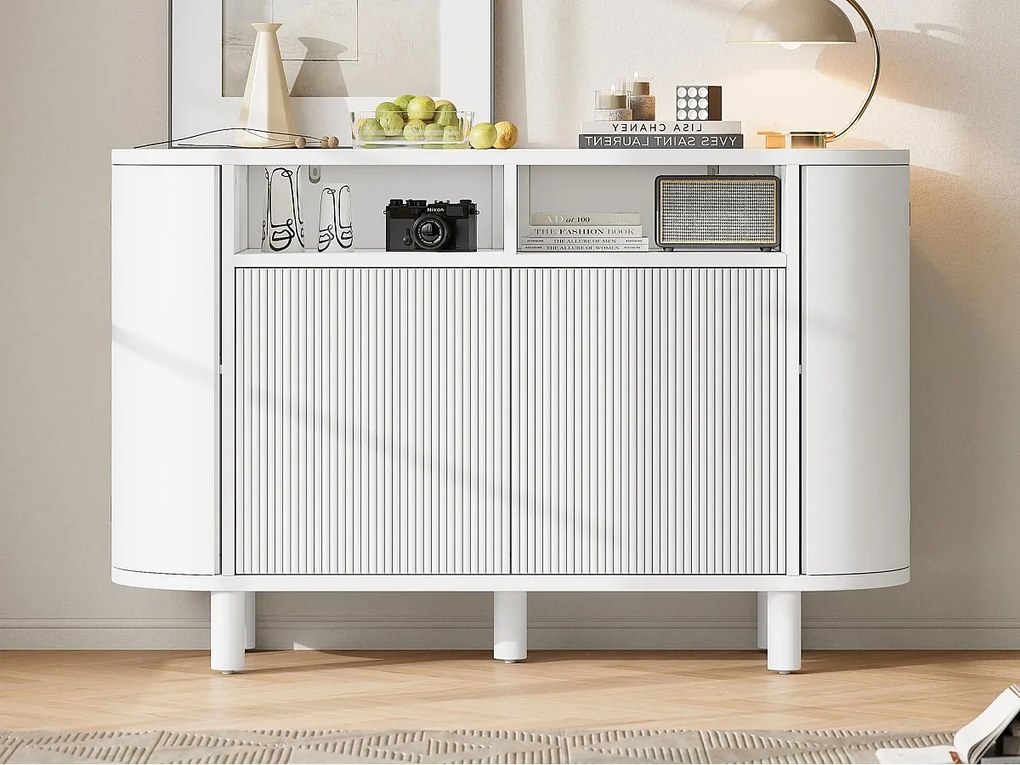 Nowoczesny kredens 120x38x77cm - z 4 drzwiami - z regulowanymi nogami - Biały