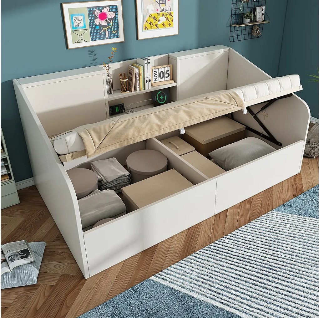 Sofa dziecięca rozkładana - 90 x 200 cm - z hydraulicznym schowkiem + 2 półki + USB/Typ-C - drewno - biała