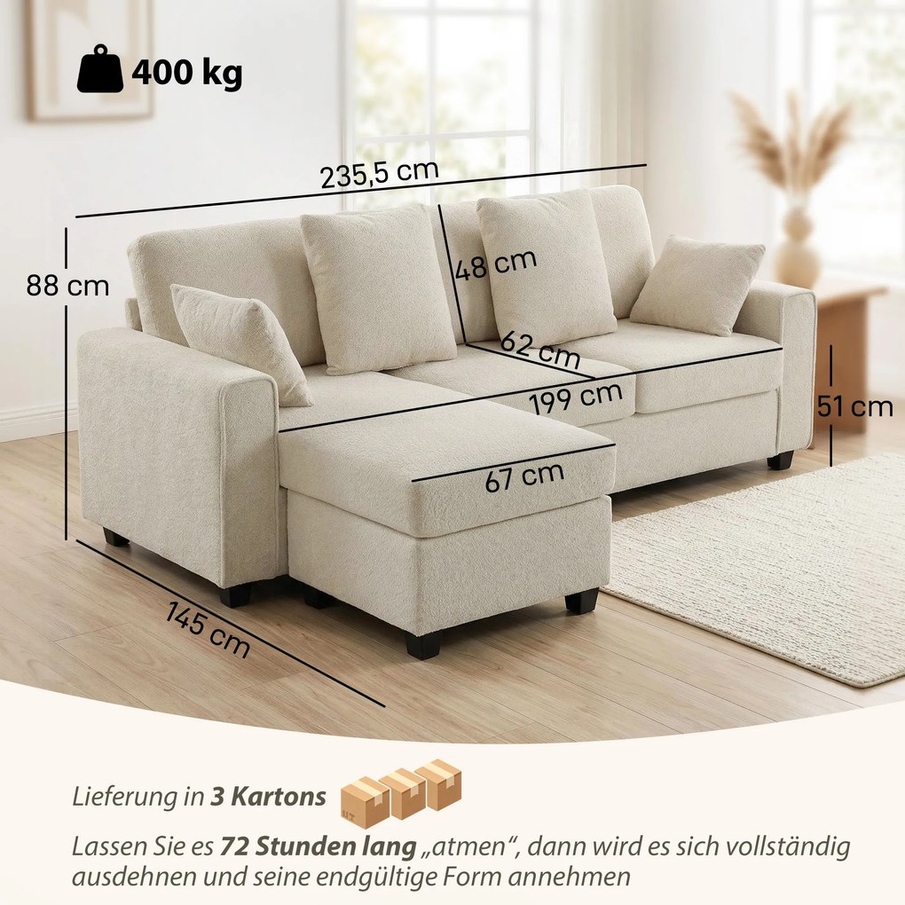 HOMCOM Narożna sofa z odwracalnym szezlongiem, 3-osobowa kanapa z aksamitnym wyglądem, szerokie i głębokie siedzisko, poduszki sprężynowe, beżowa | Aosom PL