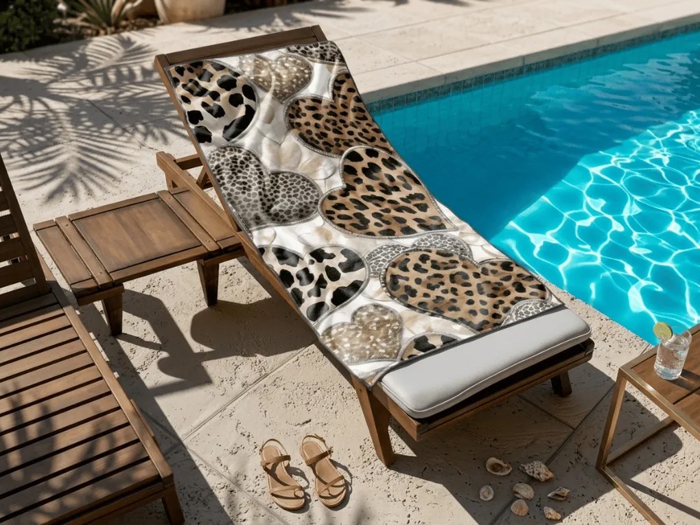 Ręcznik plażowy szybkoschnący LEOPARD HEARTS brązowo-biały 70 x 140 cm, 100% mikrofibra