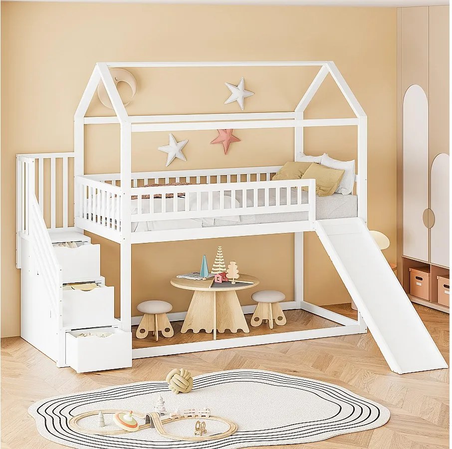 Łóżko piętrowe 90x200 cm - łóżko dziecięce z drabinką i zjeżdżalnią - białe - materac nie jest wliczony w cenę
