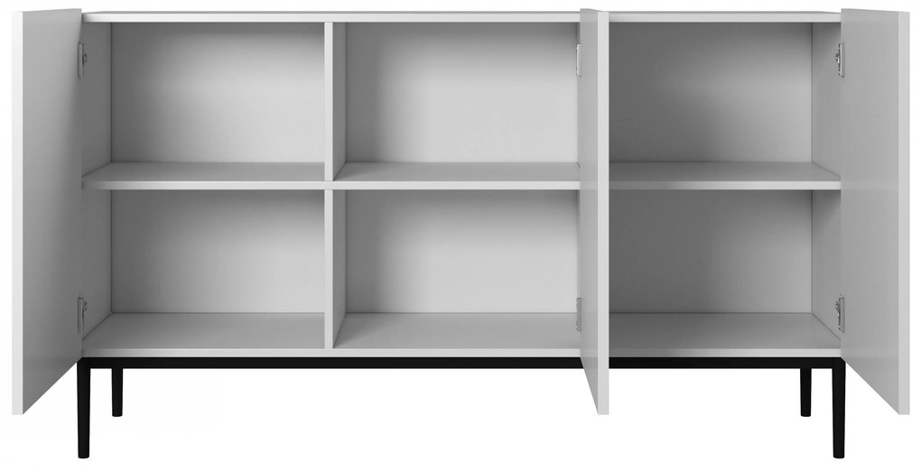 Komoda Nicole 150 cm trzydrzwiowa z ryflowanym frontem - biały mat / czarne nóżki