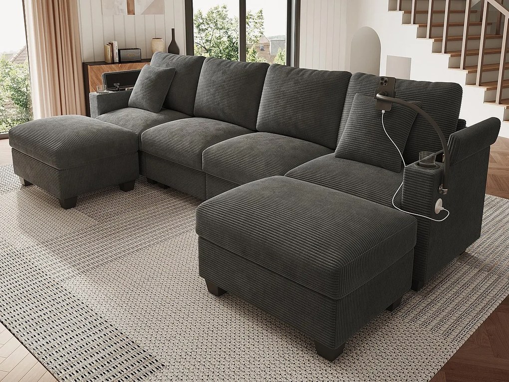 Kanapa 4-osobowa w kształcie litery U - Welur żebrowany - Wyposażona w uchwyt na telefon i port ładowania USB - Szary